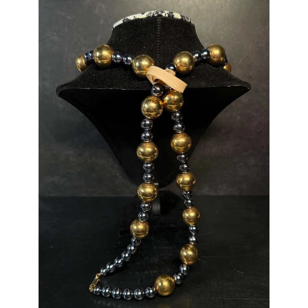 Gold Tone & Gunmetal Beaded Necklace Long Metallic Statement Necklace 41
